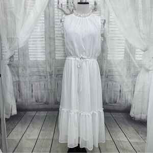 Leslie Fay Size 14 White Silver Striped Sleeveless Dress Mock Neck Ruffle NWOT